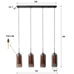 Hanglamp met 4 Lampen Smoke Glas - 105x15x150 cm - Artic Zwart - Geperforeerd Staal