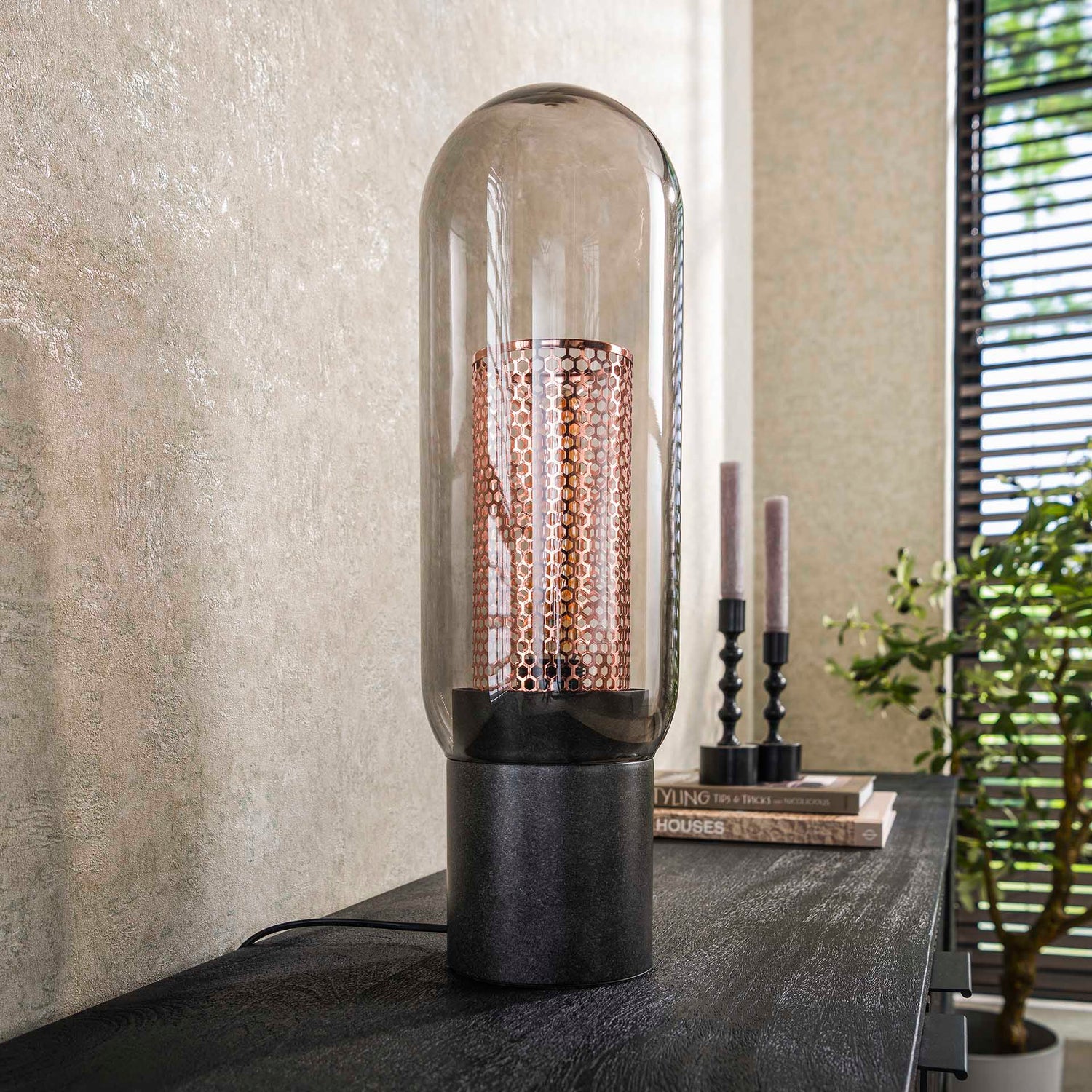 Tafellamp Smoke Glas-geperforeerd Staal - 15x15x50 cm - Artic Zwart