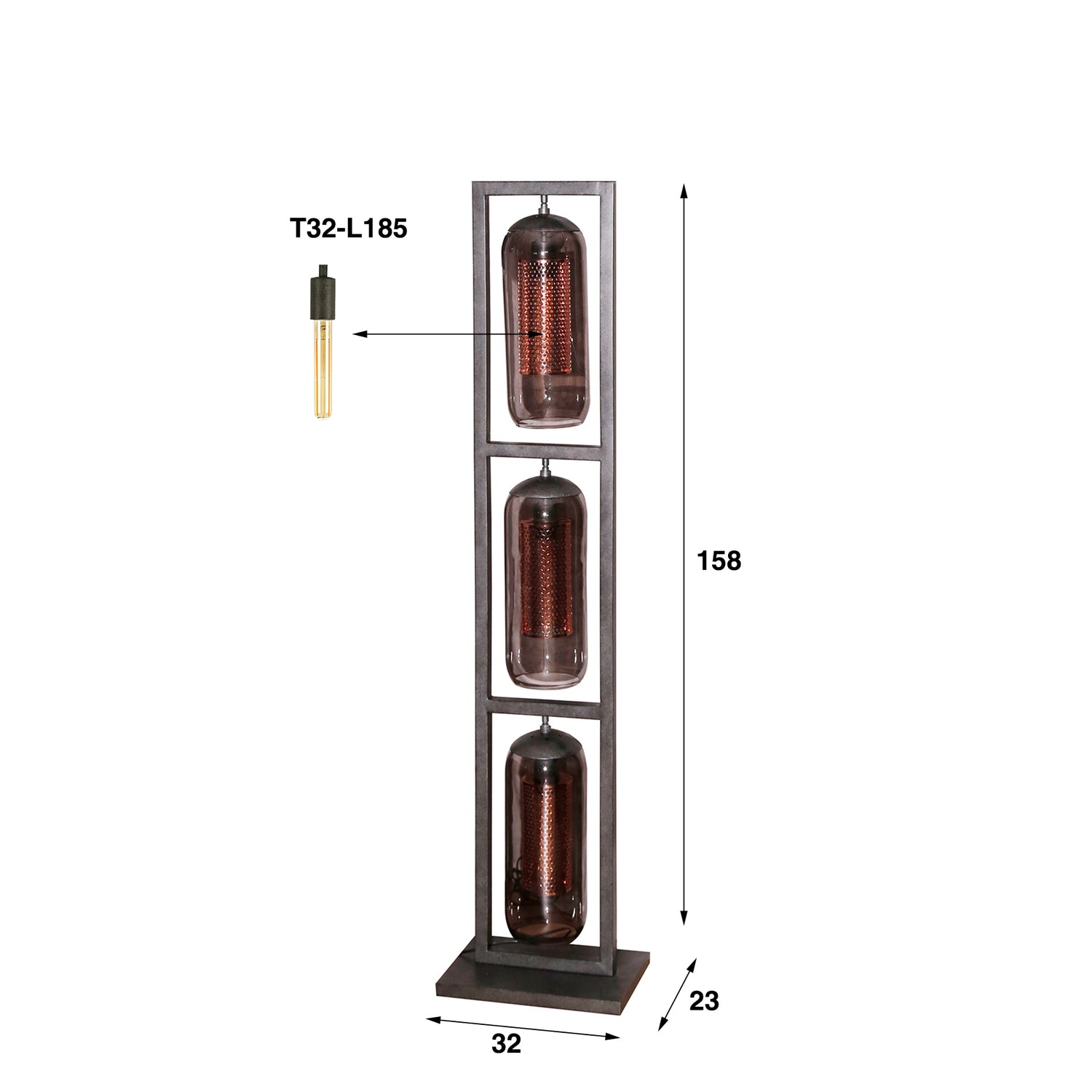 Vloerlamp met 3 Lampen Tower Smoke - 32x23x158 cm - Artic Zwart - Staal