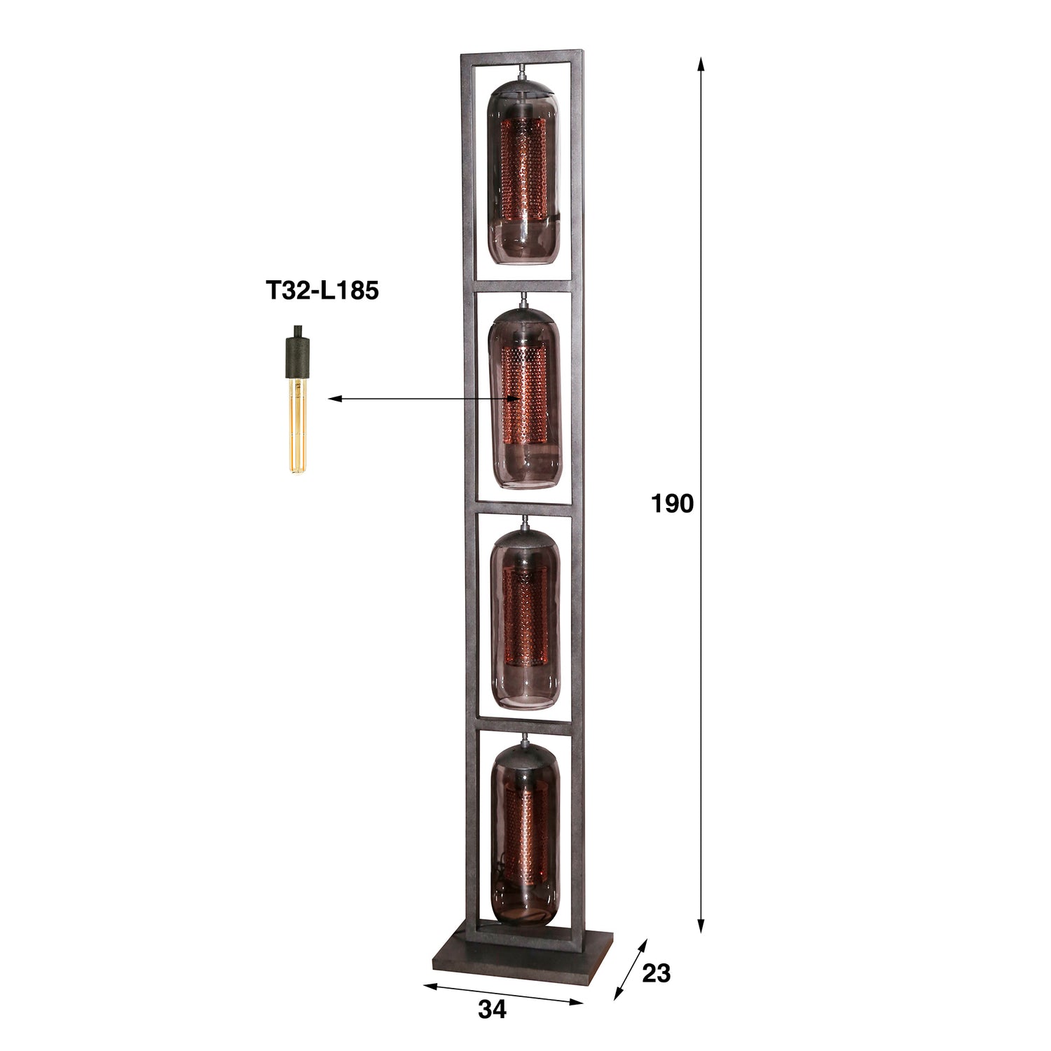Vloerlamp 4L Tower Smoke Glas - 34x23x190 cm - Artic Zwart - Geperforeerd Staal