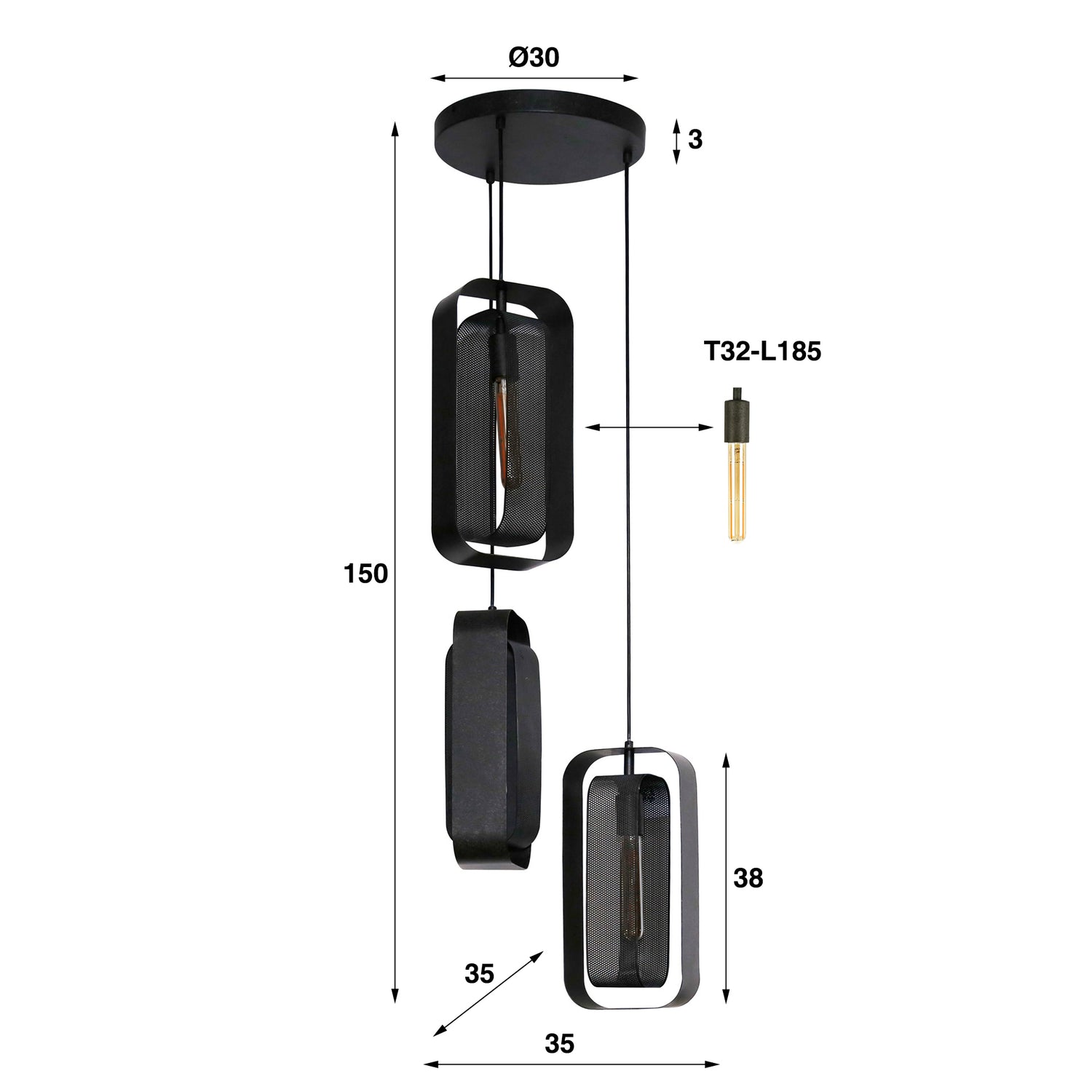 Hanglamp met 3 lampen Mesh Rotate - 35x35x150 cm - Artic Zwart