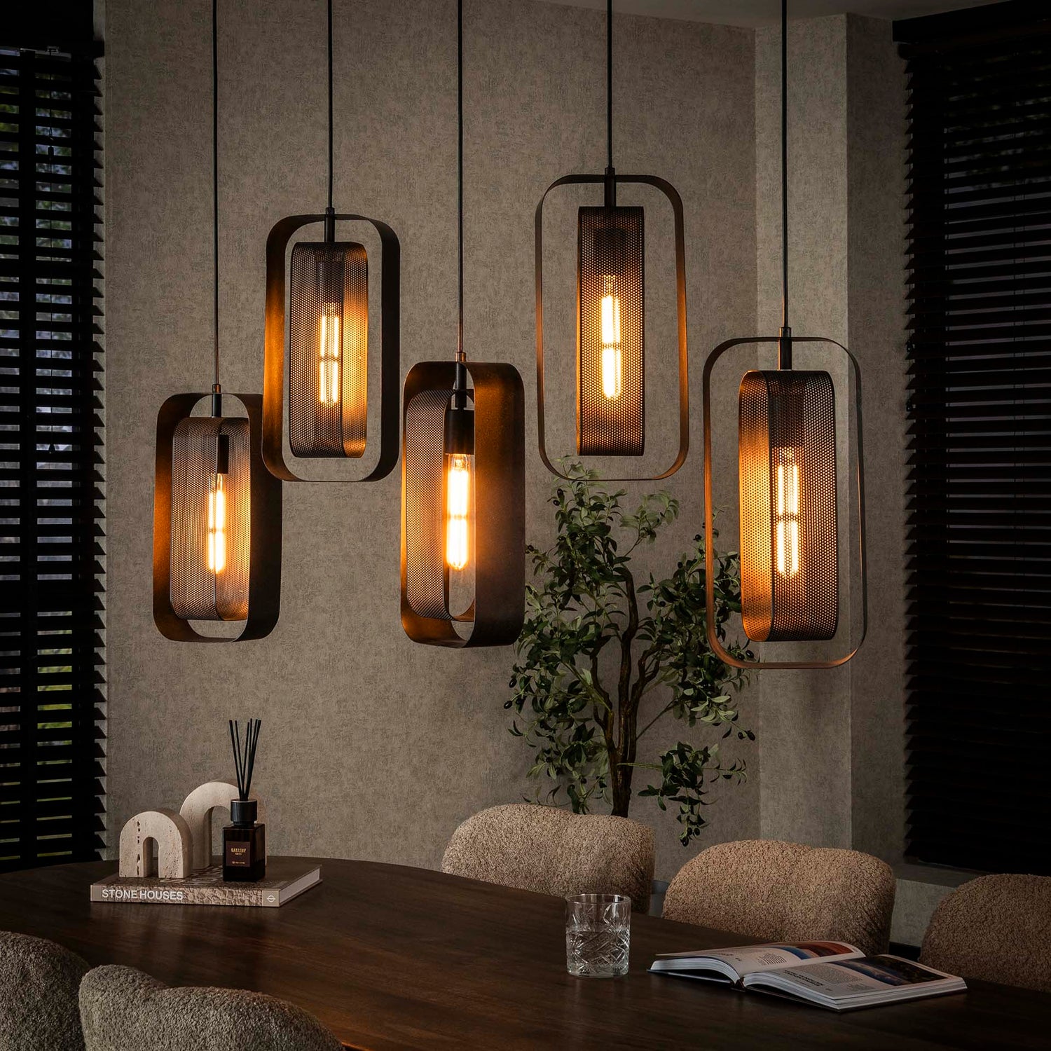 Hanglamp met 5 Lampen mesh rotate - 145x20x150 cm - Artic Zwart
