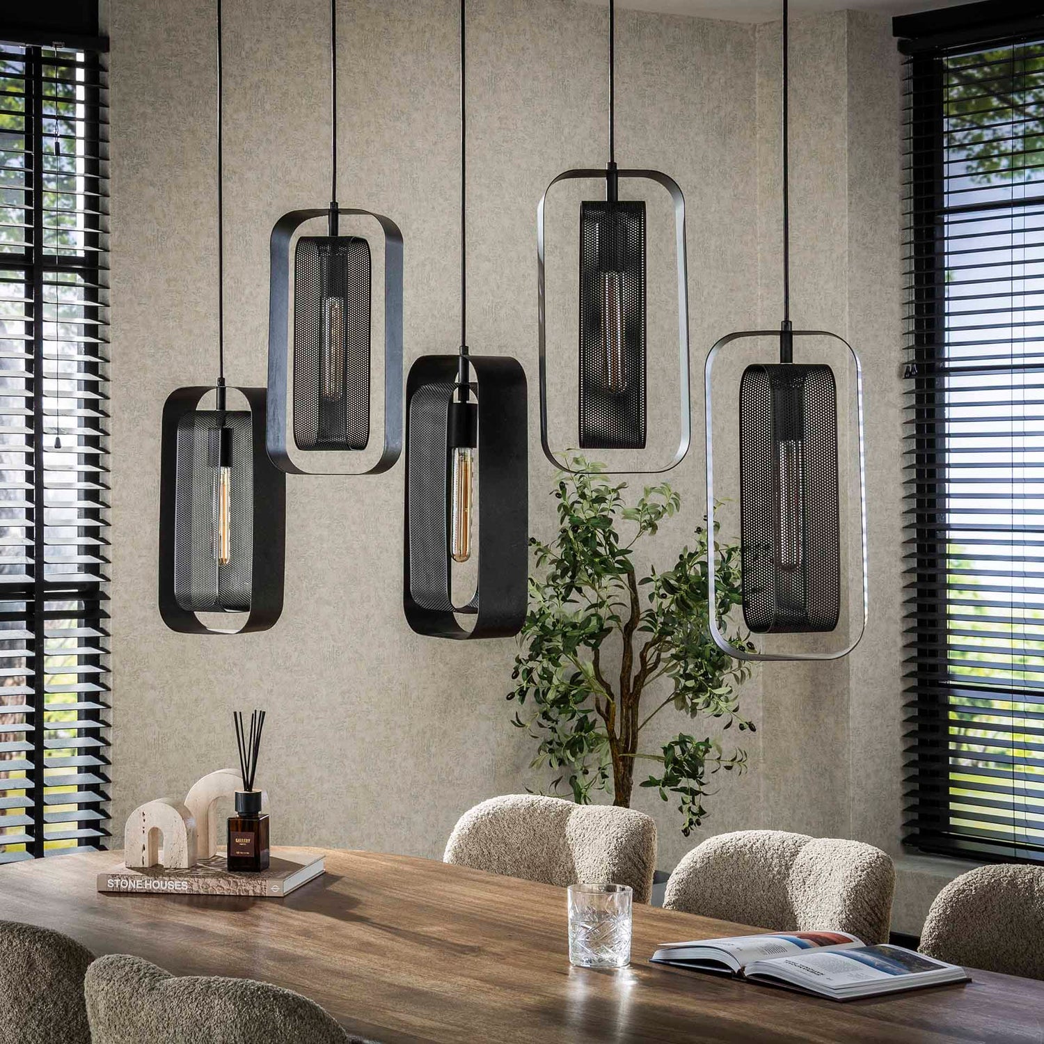 Hanglamp met 5 Lampen mesh rotate - 145x20x150 cm - Artic Zwart