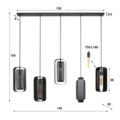 Hanglamp met 5 Lampen mesh rotate - 145x20x150 cm - Artic Zwart