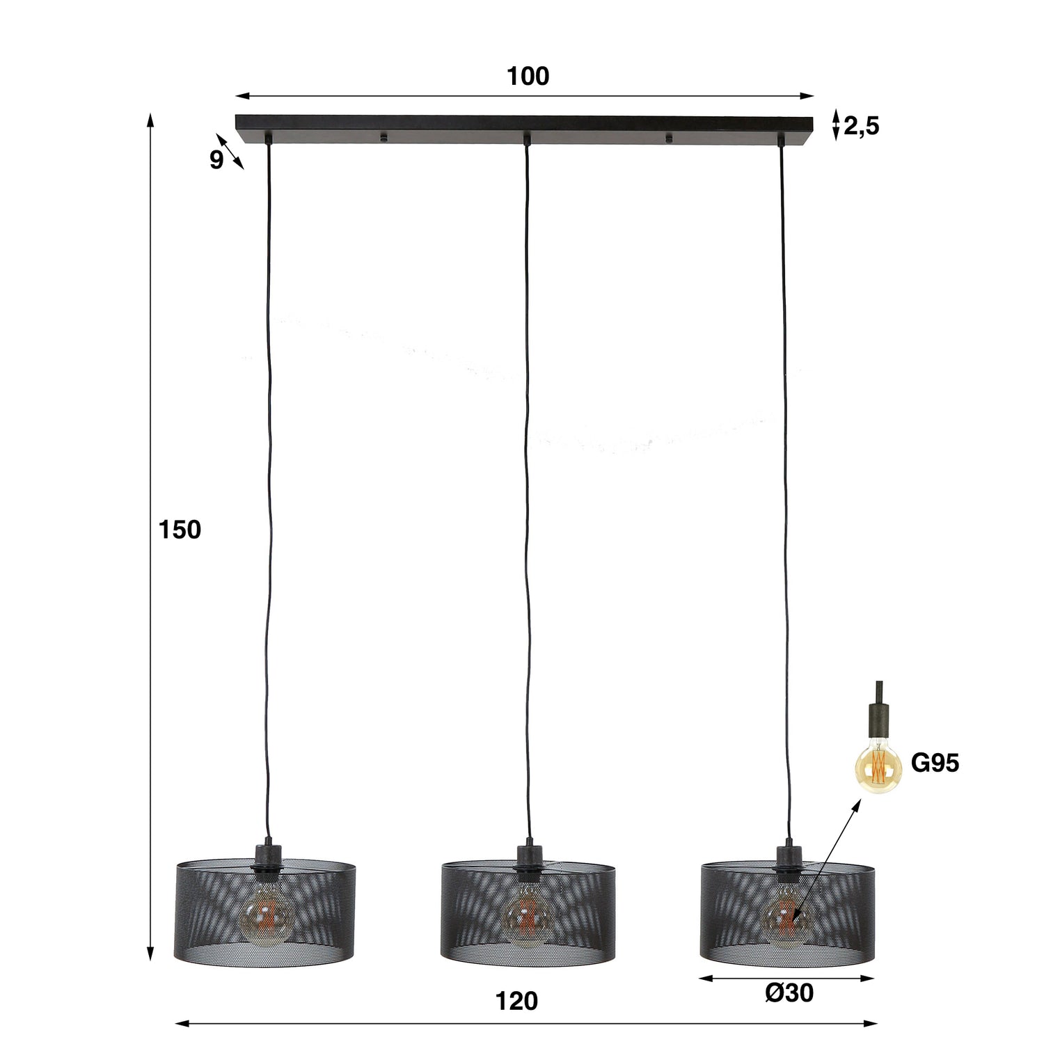 Hanglamp met 3 Lampen Mesh Round - 120x30x150 cm - Artic Zwart