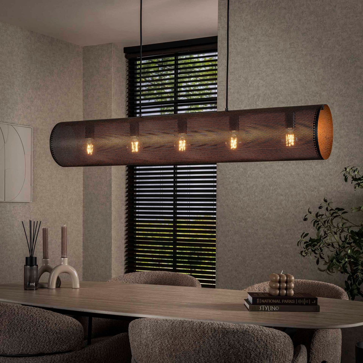 Hanglamp met 5 lampen koker mesh - 120x20x150 cm - Artic Zwart - Mesh