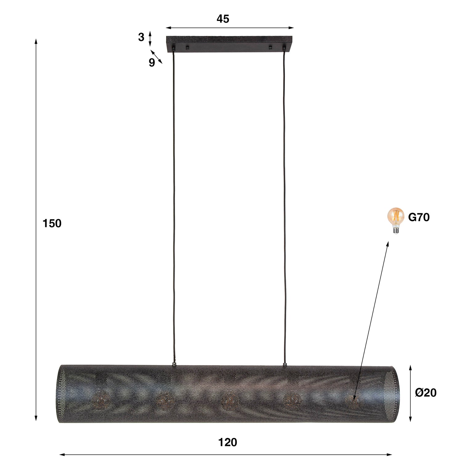 Hanglamp met 5 lampen koker mesh - 120x20x150 cm - Artic Zwart - Mesh