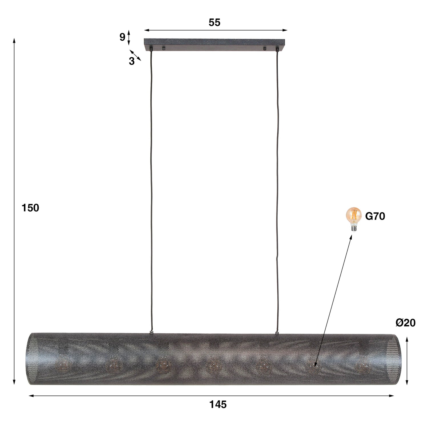 Hanglamp met 7 Lampen Koker XL Mesh - 145x20x150 cm - Artic Zwart