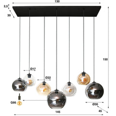 Hanglamp met 7 Lampen Multi Globe XL - 145x45x150 cm - Artic Zwart