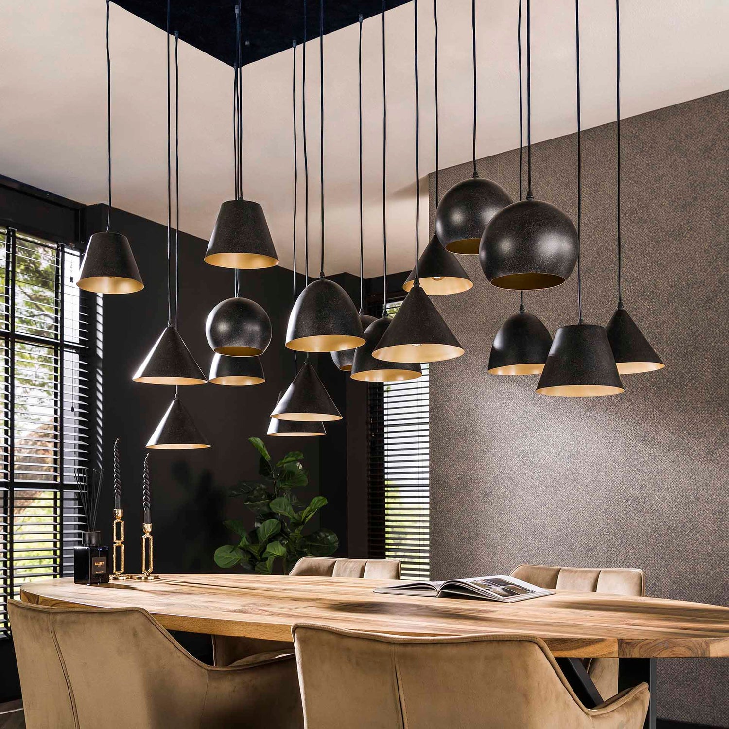 Hanglamp met 18 lampen XXL metalen kap - 145x60x150 cm - Artic Zwart - Metaal