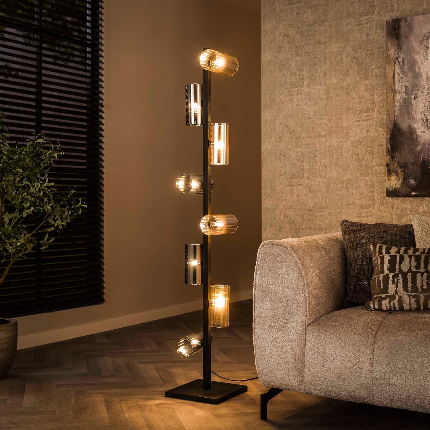 Vloerlamp met 8 lampen cylinder mixed glass - 30x30x175 cm - Artic Zwart - Glas