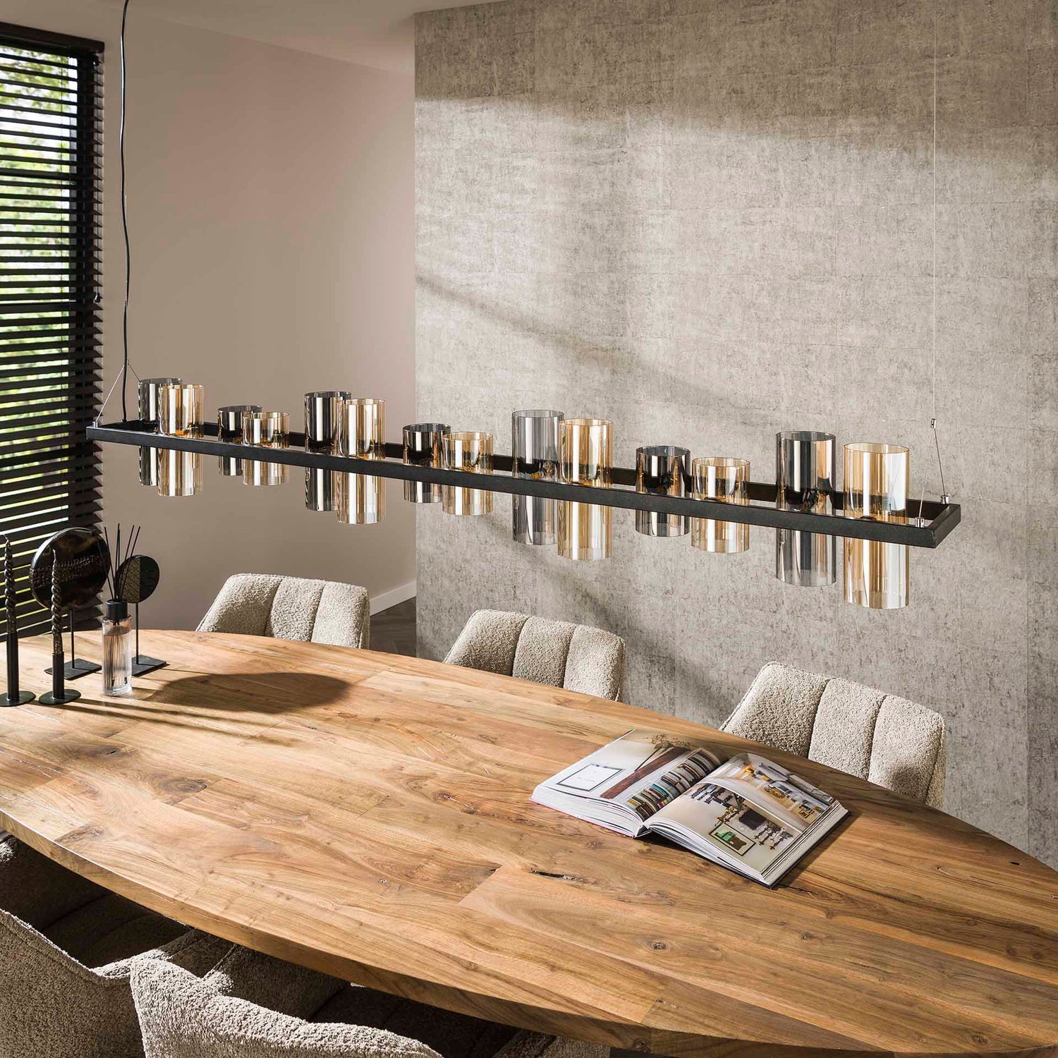Hanglamp met 14 Lampen Cylinder Mixed Glass (G9) - 190x20x150 cm - Artic Zwart - Glas