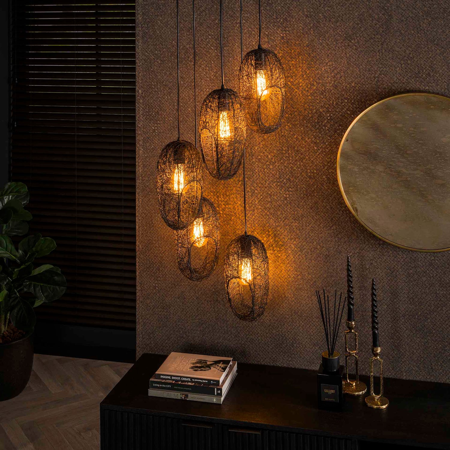 Hanglamp met 5 lampen open oog wire - 45x45x180 cm - Artic Zwart