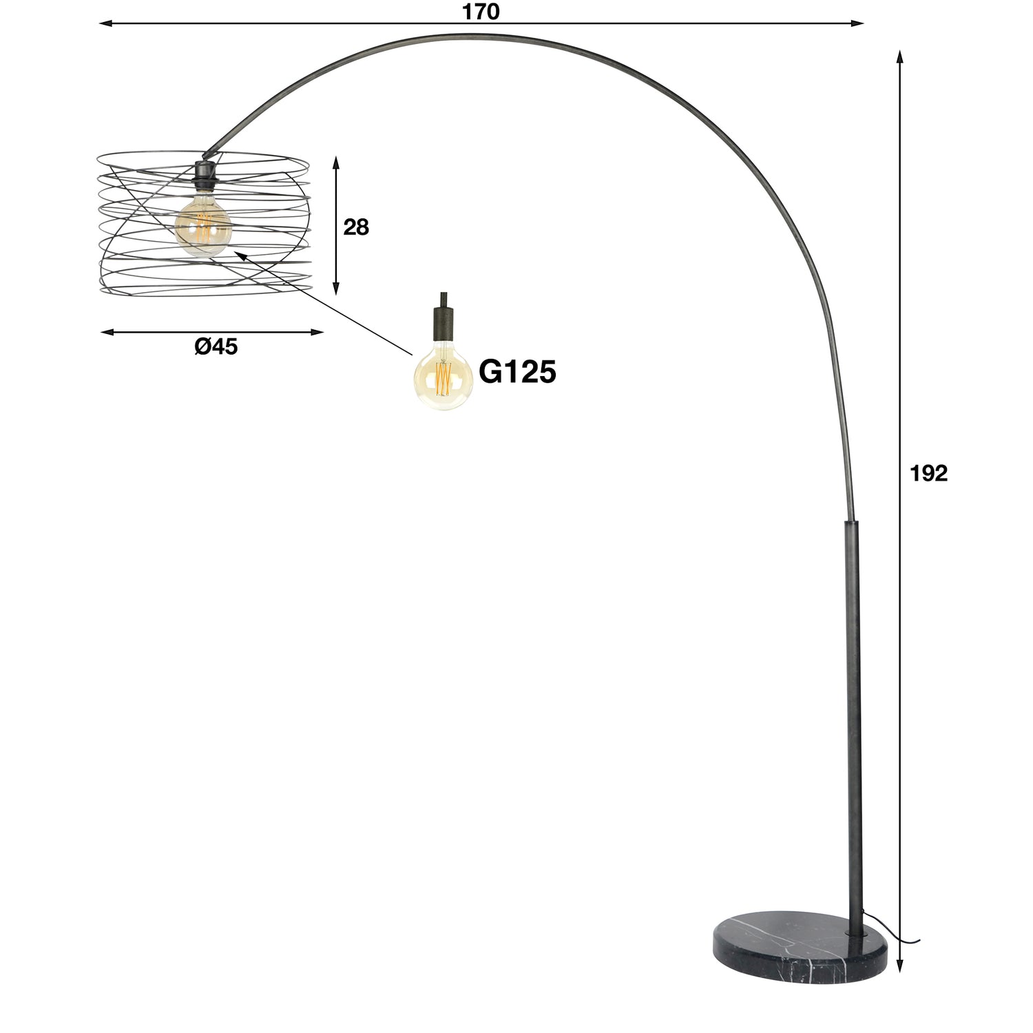 Booglamp Ø45 Curl - 45x170x192 cm - Charcoal - Metaal/Marmer