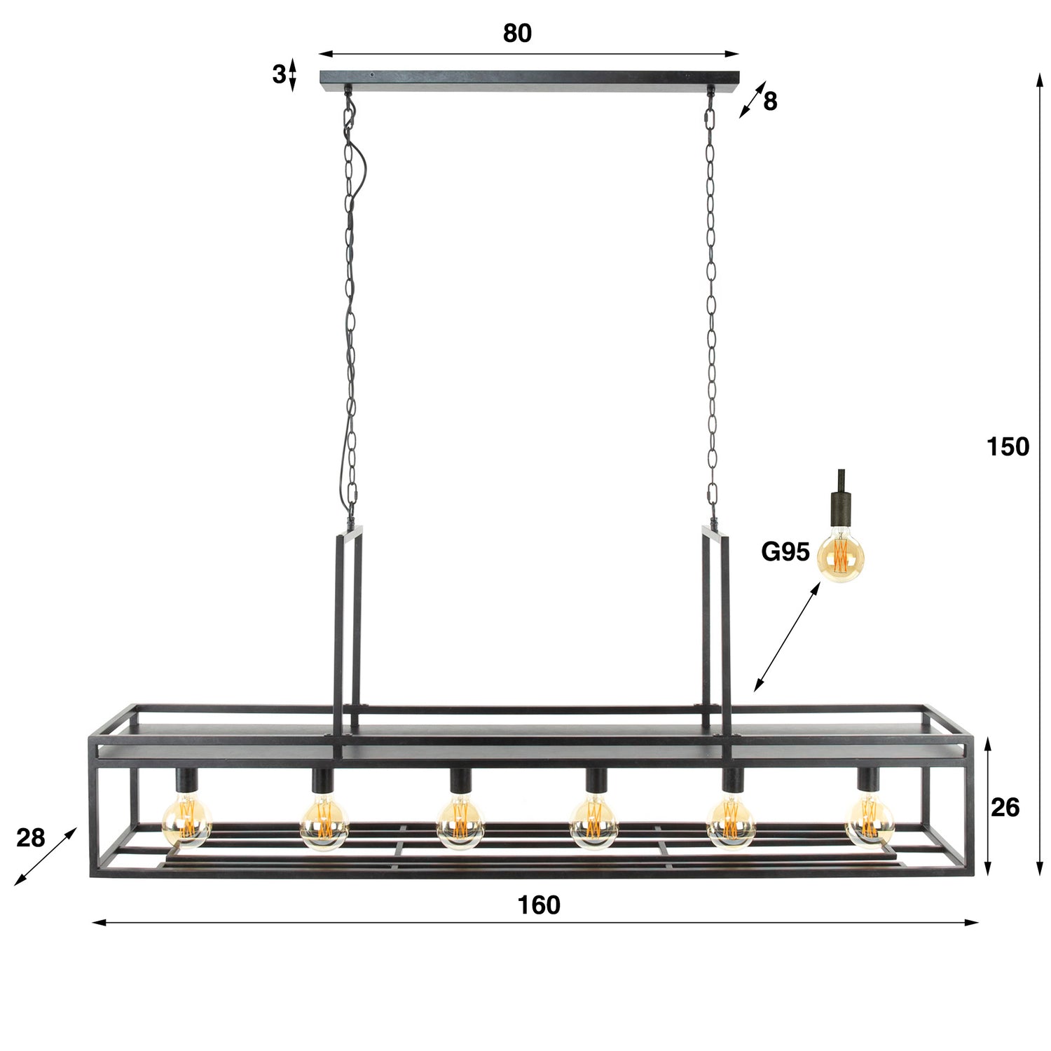 Hanglamp met 6 Lampen decorate - 160x28x150 cm - Charcoal