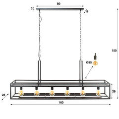Hanglamp met 6 Lampen decorate - 160x28x150 cm - Charcoal