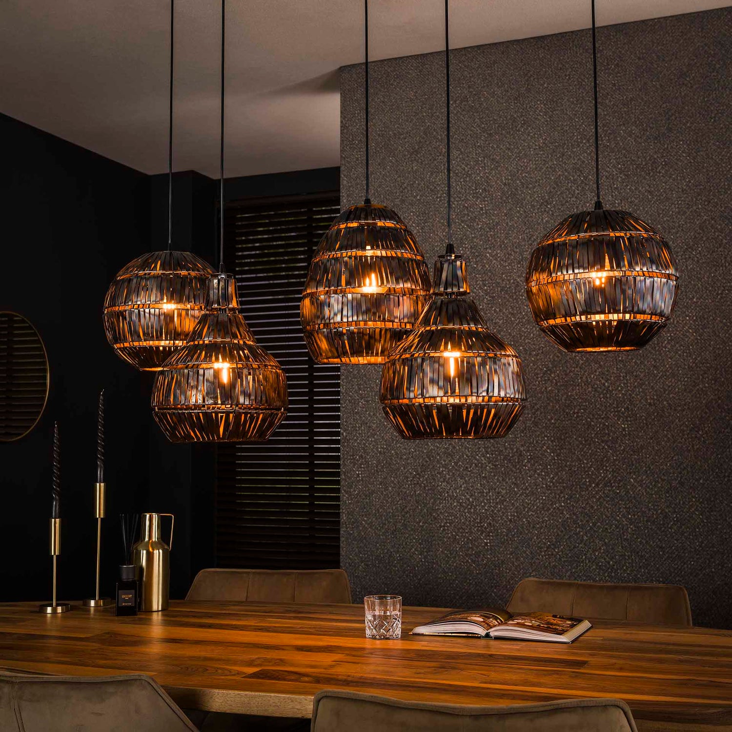 Hanglamp met 5 Lampen strip multi shade - 130x30x150 cm - Zwart Bruin
