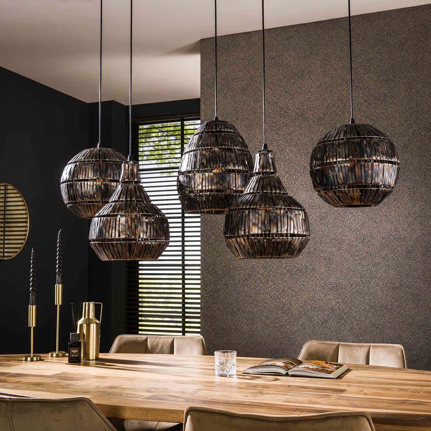 Hanglamp met 5 Lampen strip multi shade - 130x30x150 cm - Zwart Bruin