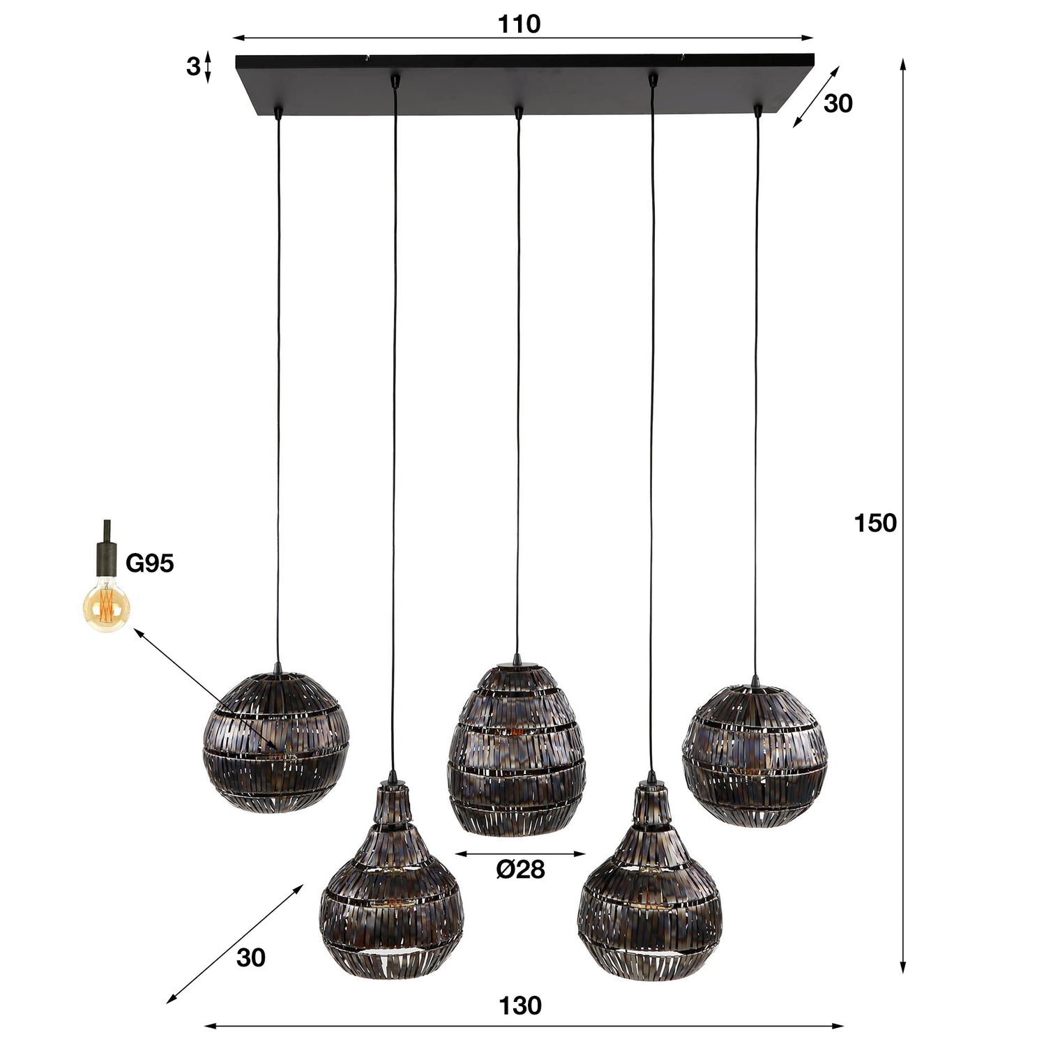Hanglamp met 5 Lampen strip multi shade - 130x30x150 cm - Zwart Bruin