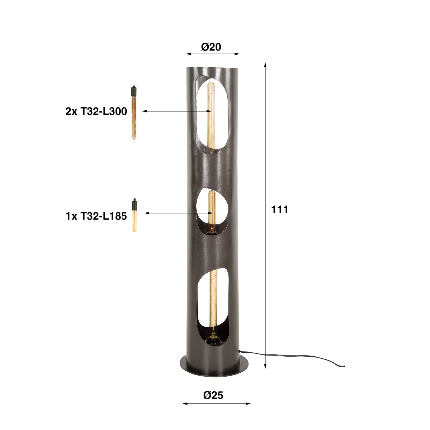 Vloerlamp Ø25 Organic Cylinder L - 25x25x111 cm - Zwart Nikkel