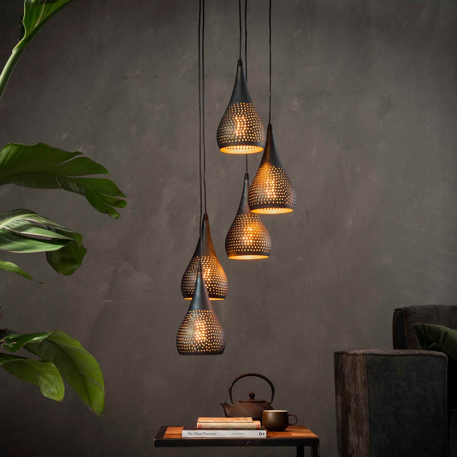 Hanglamp met 5 lampen Ø15 getrapt punch - 35x35x150 cm - Zwart Bruin