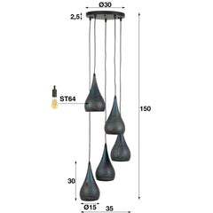Hanglamp met 5 lampen Ø15 getrapt punch - 35x35x150 cm - Zwart Bruin