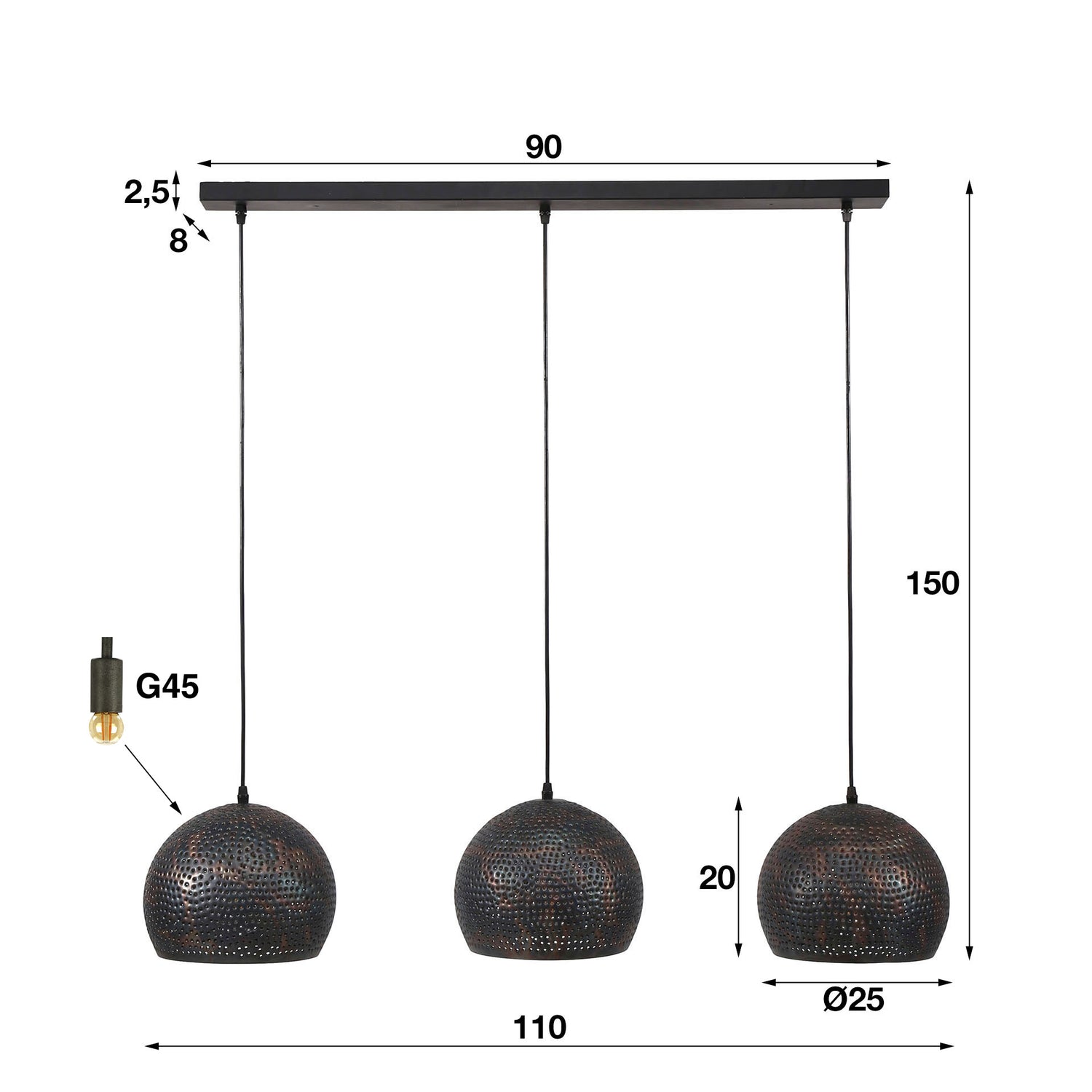 Hanglamp met 3 lampen punch bol - 110x25x150 cm - Zwart Bruin