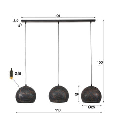 Hanglamp met 3 lampen punch bol - 110x25x150 cm - Zwart Bruin