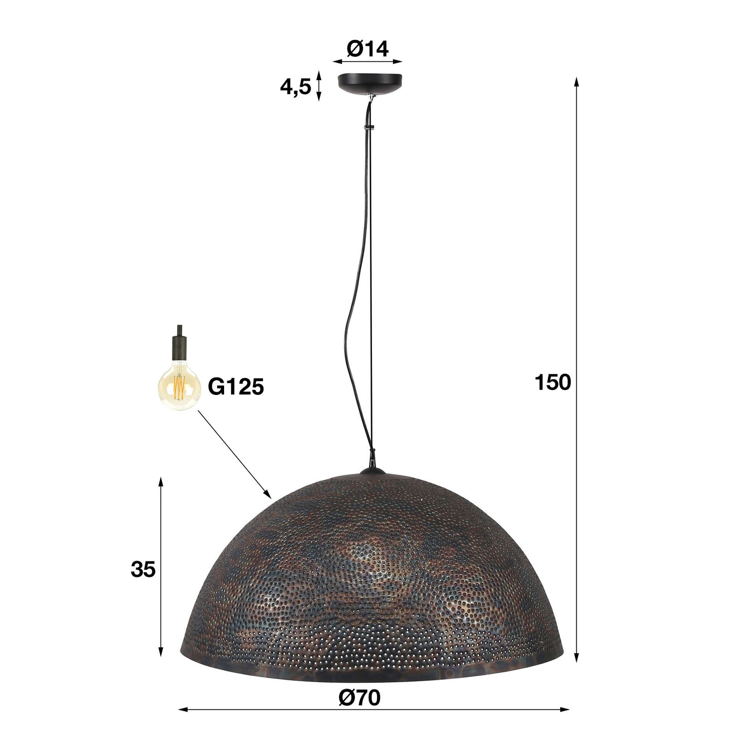 Hanglamp Ø70 Punch - 70x70x150 cm - Zwart Bruin