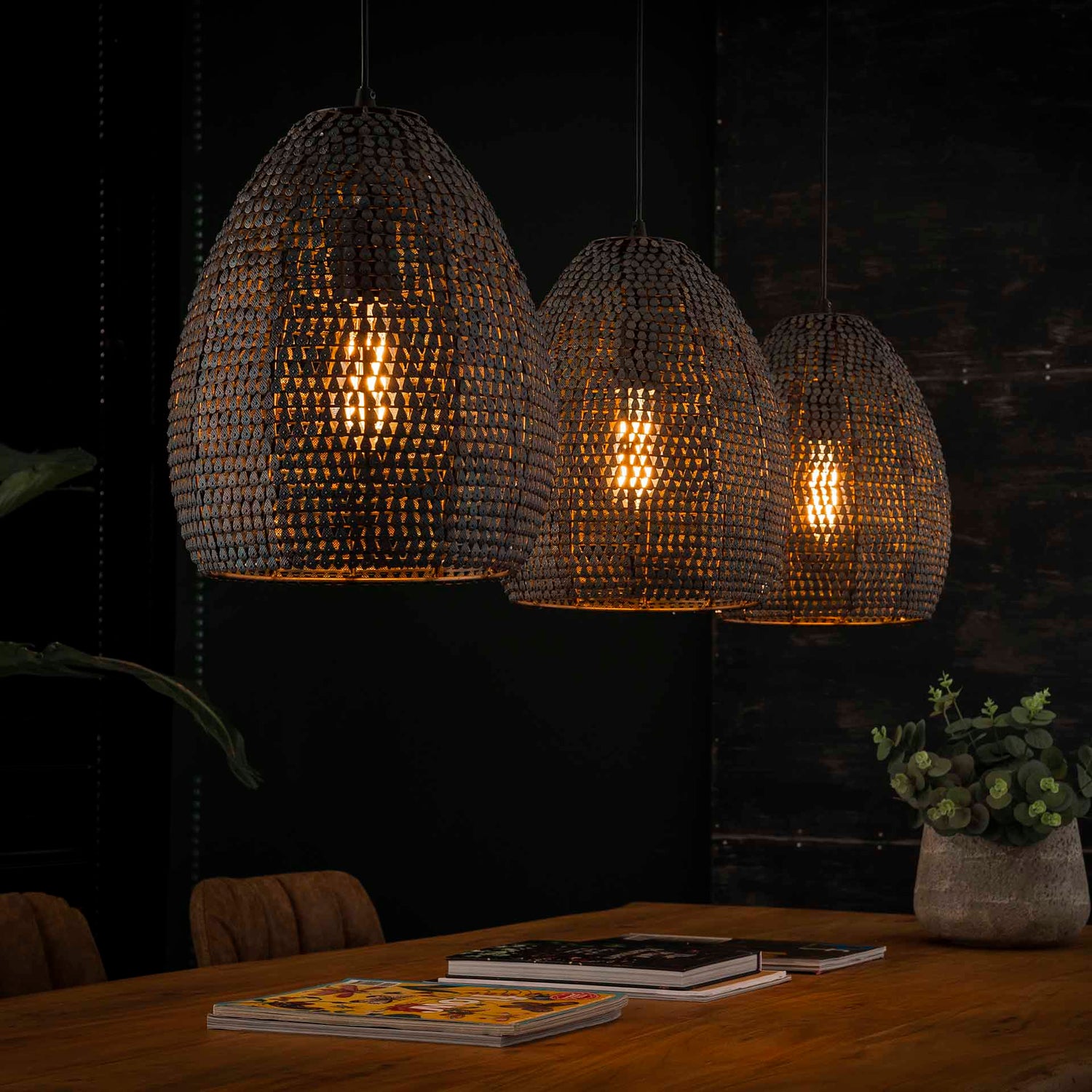 Hanglamp met 3 lampen Ø26 Armor Ovaal - 128x26x150 cm - Zwart Bruin