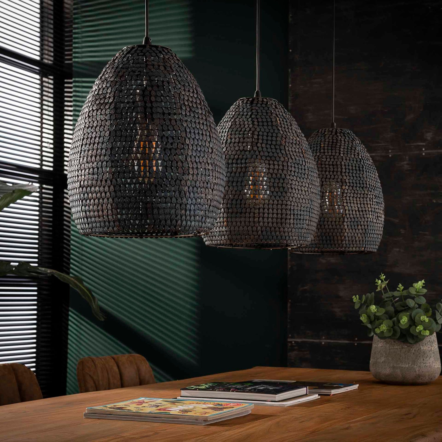 Hanglamp met 3 lampen Ø26 Armor Ovaal - 128x26x150 cm - Zwart Bruin