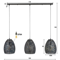 Hanglamp met 3 lampen Ø26 Armor Ovaal - 128x26x150 cm - Zwart Bruin