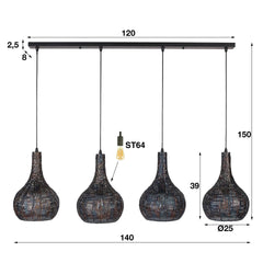Hanglamp met 4 Lampen Armor Kegel - 140x25x150 cm - Zwart Bruin