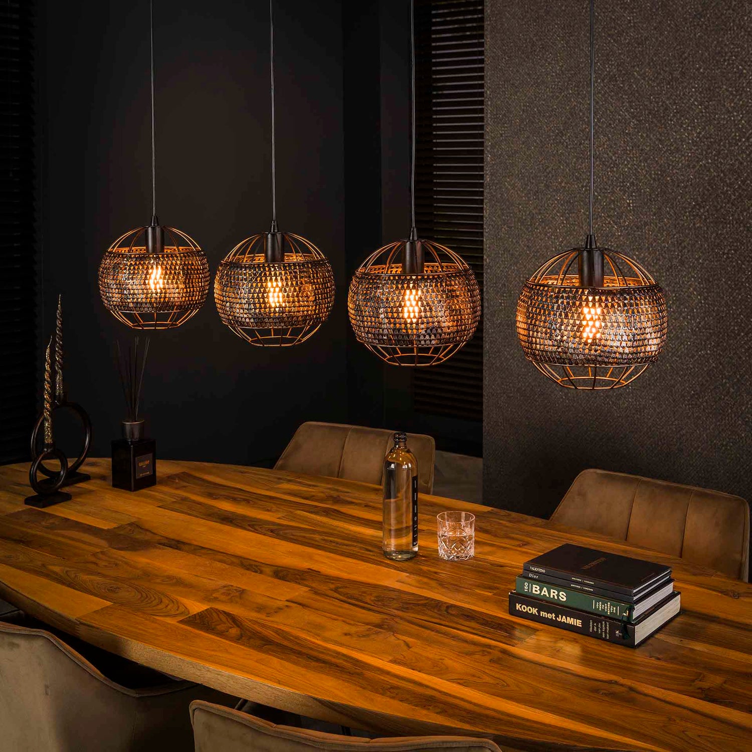 Hanglamp met 4 Lampen Ø25 Armor Open - 135x25x150 cm - Zwart Bruin