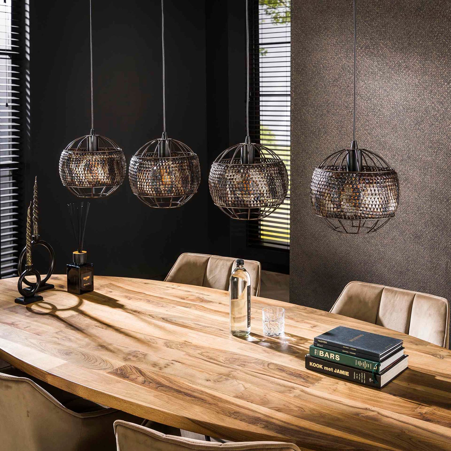 Hanglamp met 4 Lampen Ø25 Armor Open - 135x25x150 cm - Zwart Bruin
