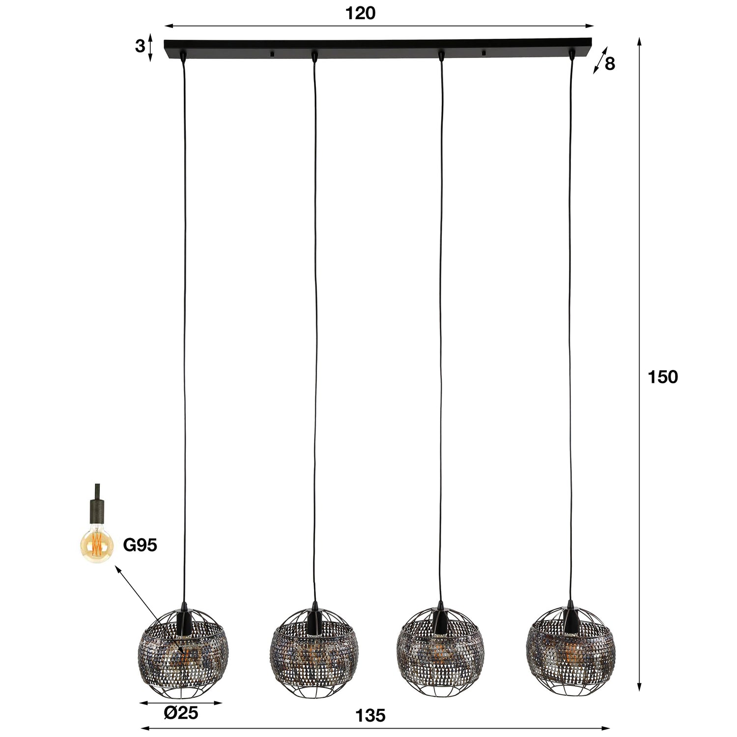 Hanglamp met 4 Lampen Ø25 Armor Open - 135x25x150 cm - Zwart Bruin