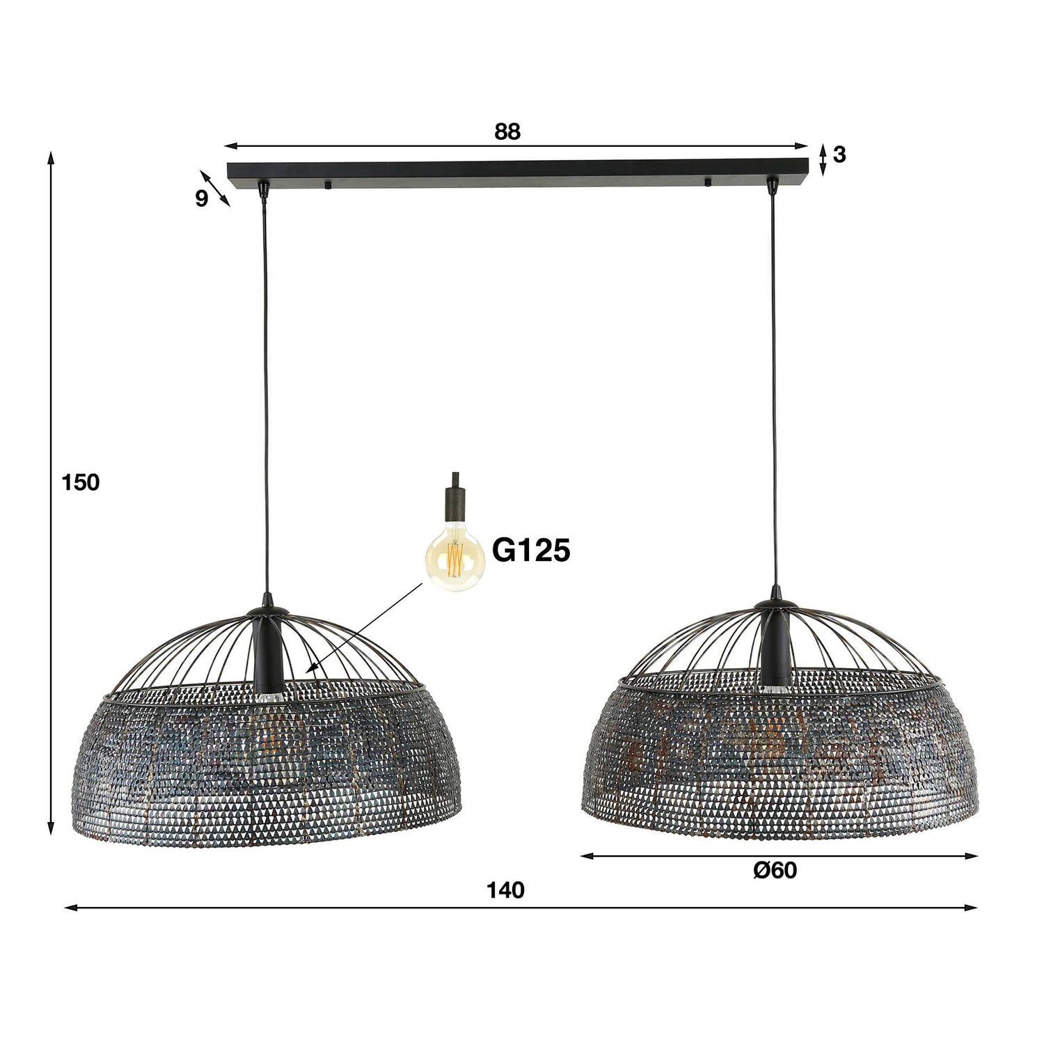 Hanglamp met 2 lampen Armor Ø60 - 140x60x150 cm - Zwart Bruin