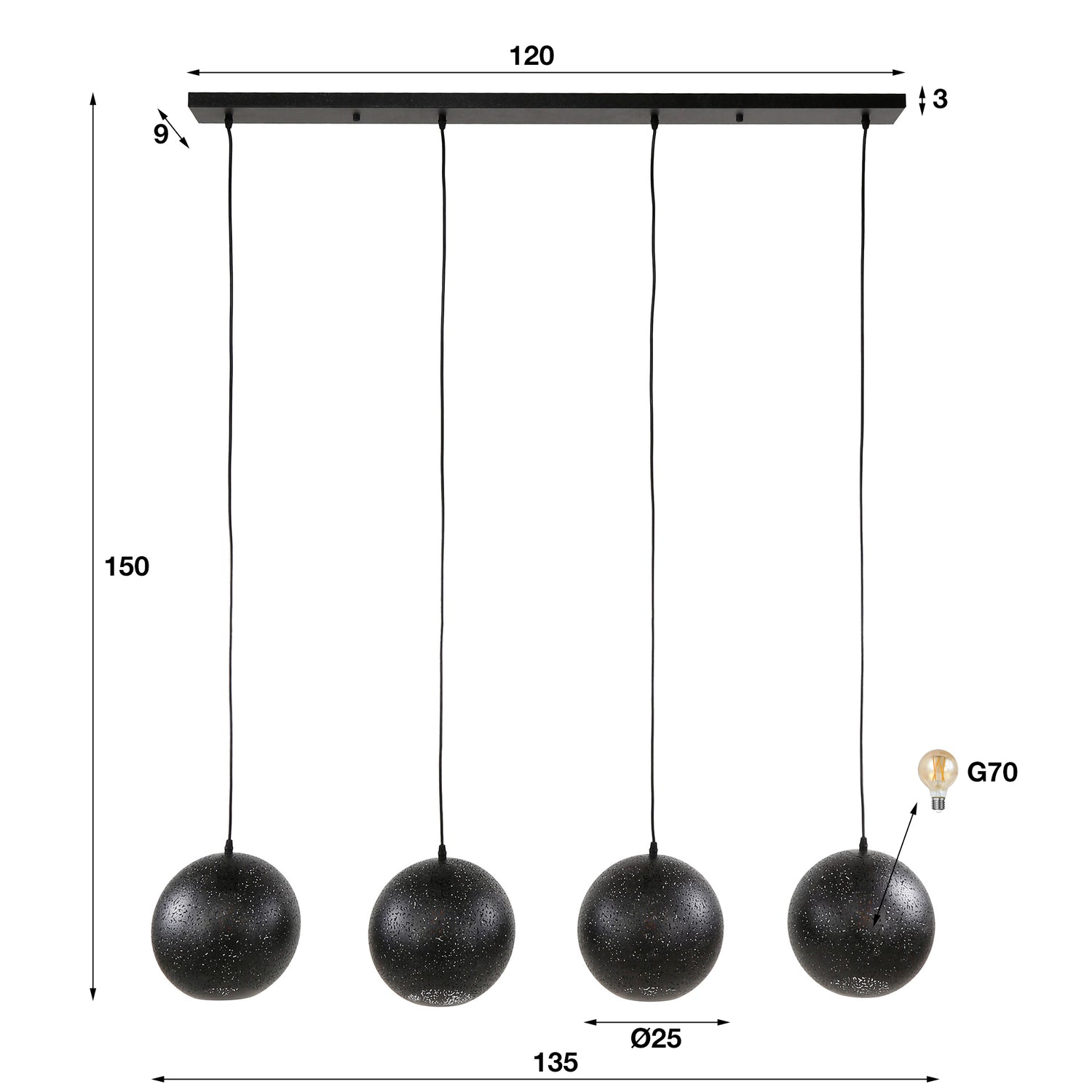 Hanglamp met 4 lampen zip - 135x25x150 cm - Artic Zwart
