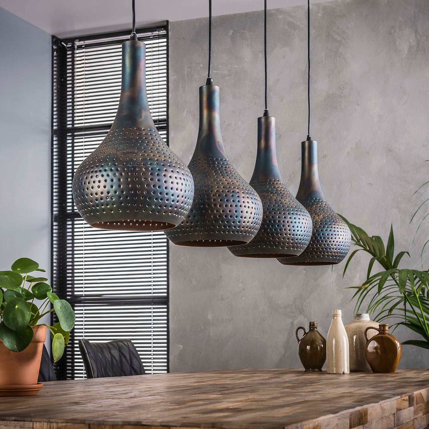 Hanglamp met 4 Lampen Punch Kegel - 130x25x150 cm - Zwart Bruin