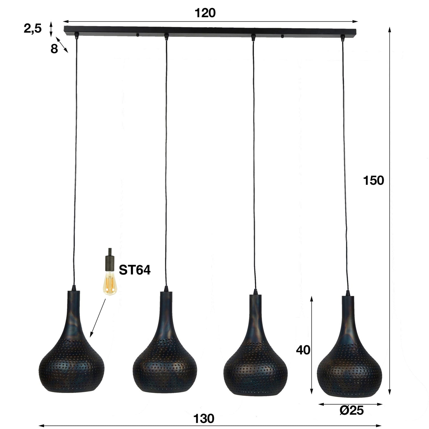 Hanglamp met 4 Lampen Punch Kegel - 130x25x150 cm - Zwart Bruin