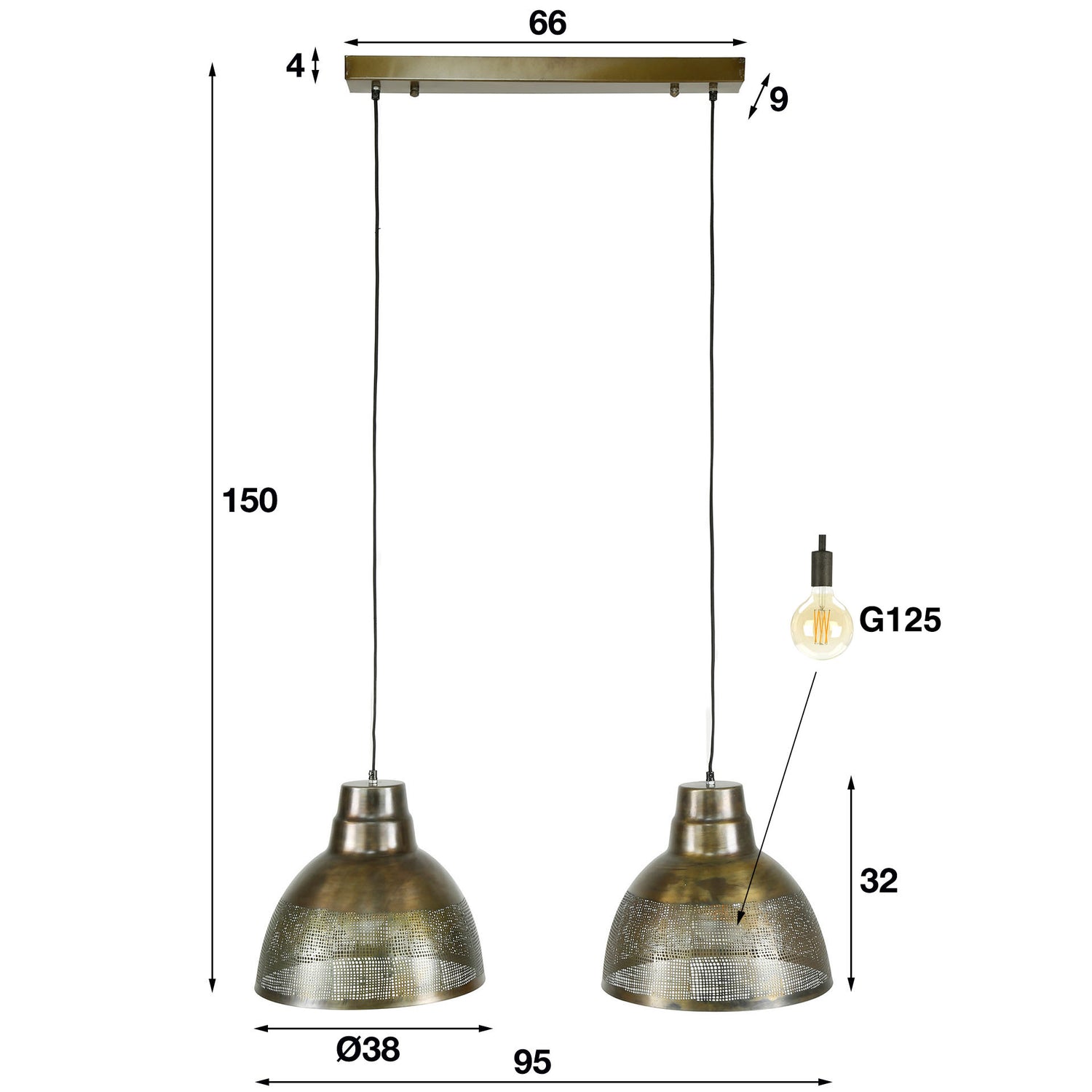 Hanglamp met 2xØ38 Screen - 95x38x150 cm - Brons - Antiek