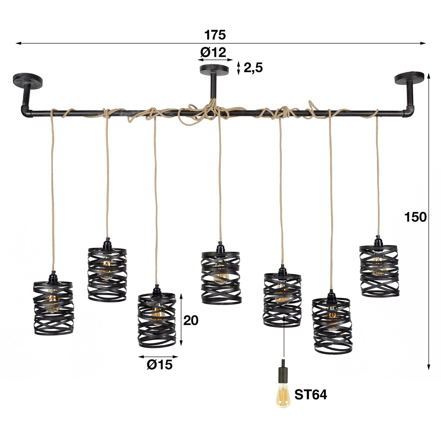 Hanglamp met 7 Lampen Twist Wikkel XL - 175x15x150 cm - Slate Grey