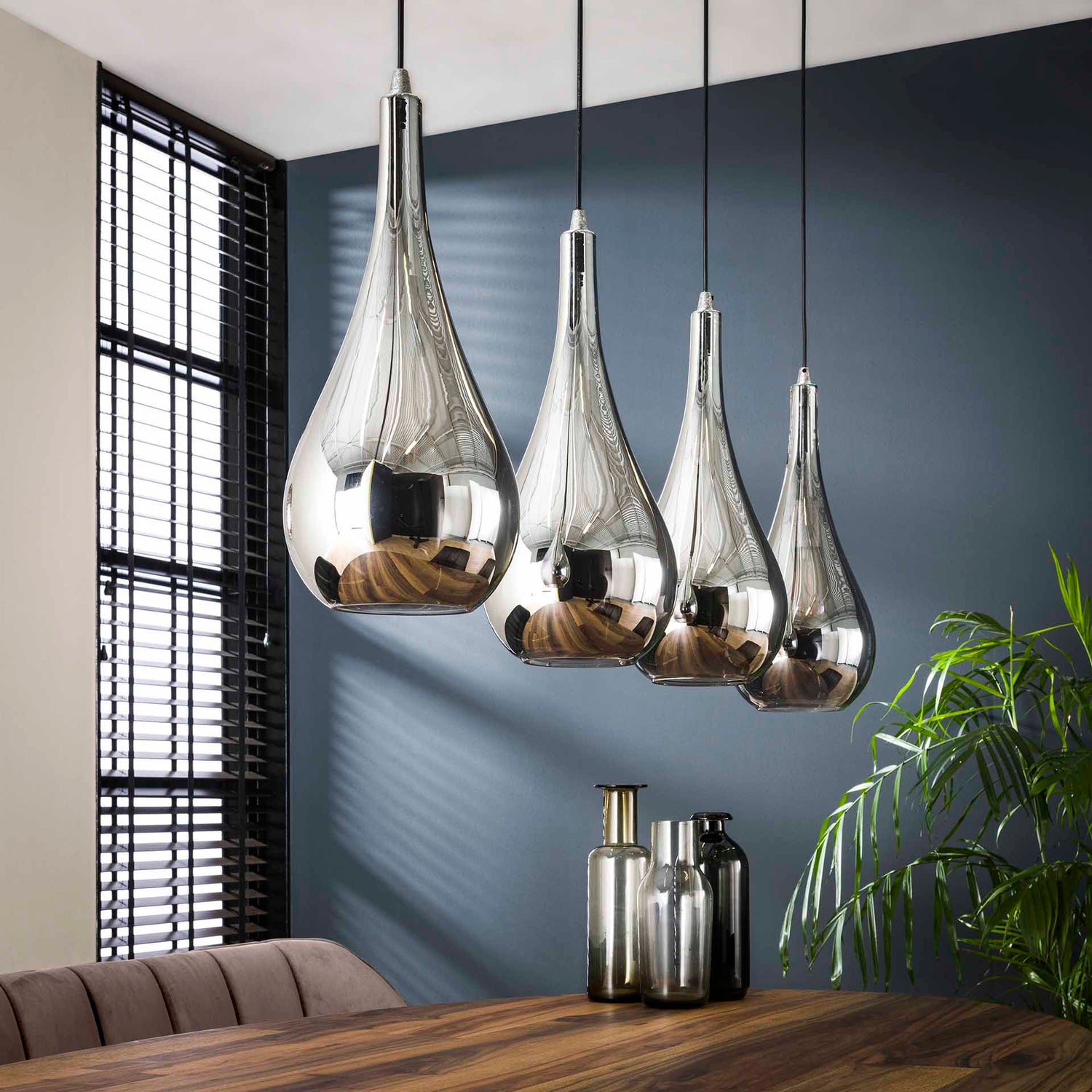 Hanglamp met 4 lampen silver drop glass - 130x20x150 cm - Chromed - Glas