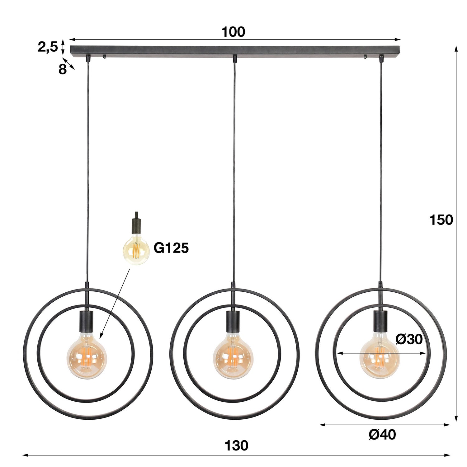 Hanglamp met 3 Lampen Turn Around - 130x30x150 cm - Charcoal