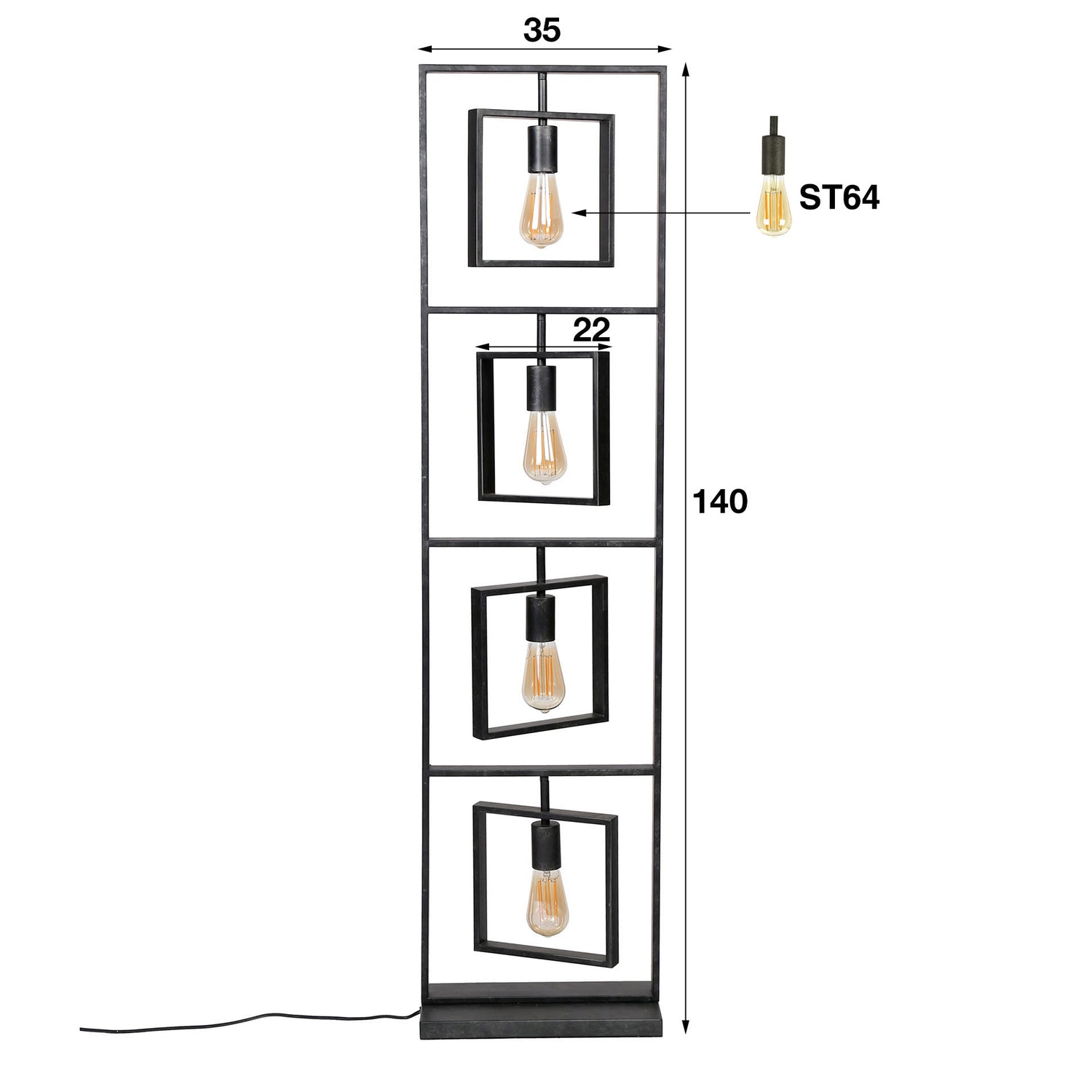 Vloerlamp met 4 Lampen Turn Square - 35x22x140 cm - Charcoal