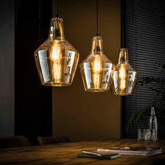 Hanglamp met 3 Lampen Amber Glas Kegel - 112x25x150 cm - Oud Zilver - Glas