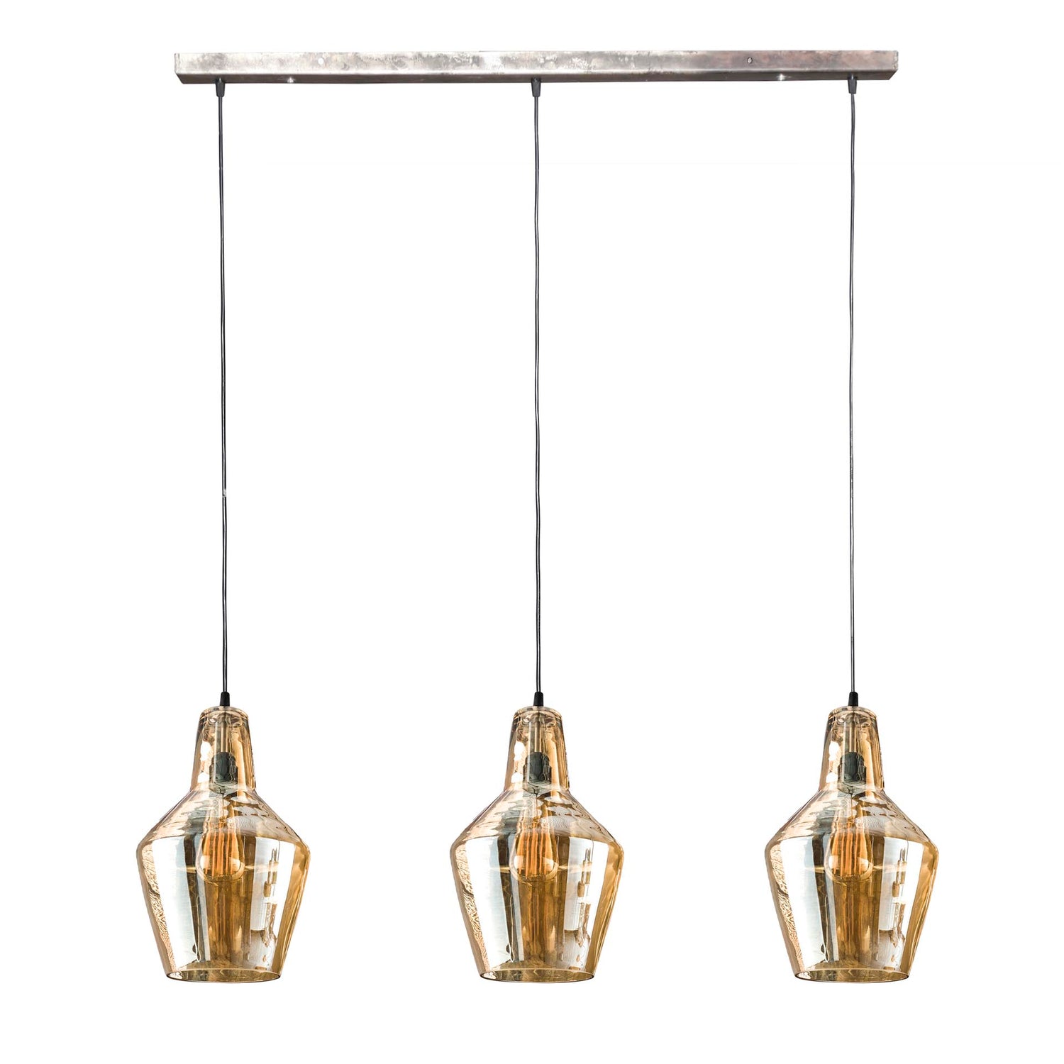 Hanglamp met 3 Lampen Amber Glas Kegel - 112x25x150 cm - Oud Zilver - Glas