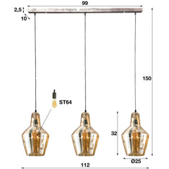 Hanglamp met 3 Lampen Amber Glas Kegel - 112x25x150 cm - Oud Zilver - Glas