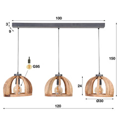 Hanglamp met 3x Ø30 gebogen houten spijlen - 120x30x150 cm - Mango Naturel