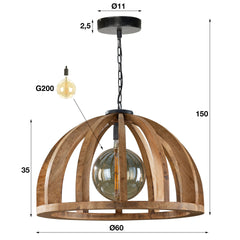 Hanglamp met gebogen houten spijlen Ø60 - 60x60x150 cm - Naturel - Mango